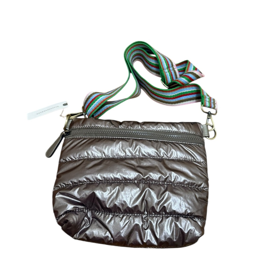 Anthropologie Metallic Brown Crossbody Bag with Striped Strap